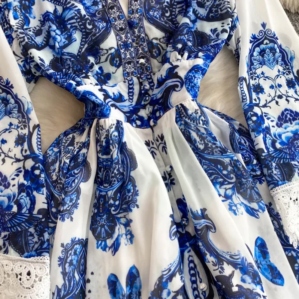 LW0628 2025 New Spring Dress Female Elegant  Long Dresses Women V-Neck Flared Sleeve High Waist Printed Dress - Image 4