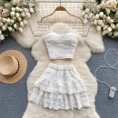 LE4188 Korean Wear a Sweet Lace Halter Tank Top Sexy Short Ruffled Skirt to Reduce Age Vacation Two-Piece Set