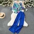 LE4207 Printed Drawstring Trumpet Sleeve Top Flanged Waist Temperament High Waist Wide Leg Pants Fashion Two-Piece Set