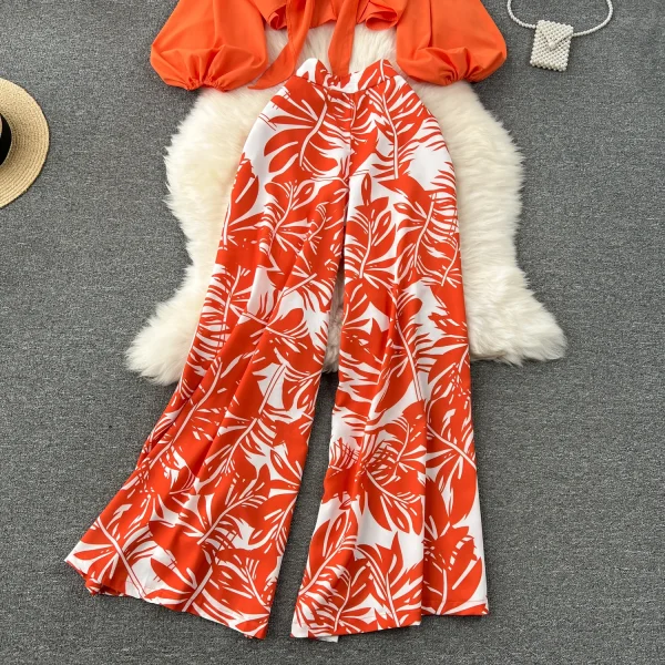 LE4241 Style Advanced Lantern Set Sleeve Cardigan Top Coat + Printed High Waist Wide Leg Slim Pants Suit - Image 5
