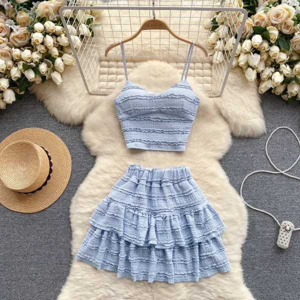 LE4188 Korean Wear a Sweet Lace Halter Tank Top Sexy Short Ruffled Skirt to Reduce Age Vacation Two-Piece Set - Image 2