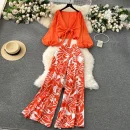 LE4241 Style Advanced Lantern Set Sleeve Cardigan Top Coat + Printed High Waist Wide Leg Slim Pants Suit