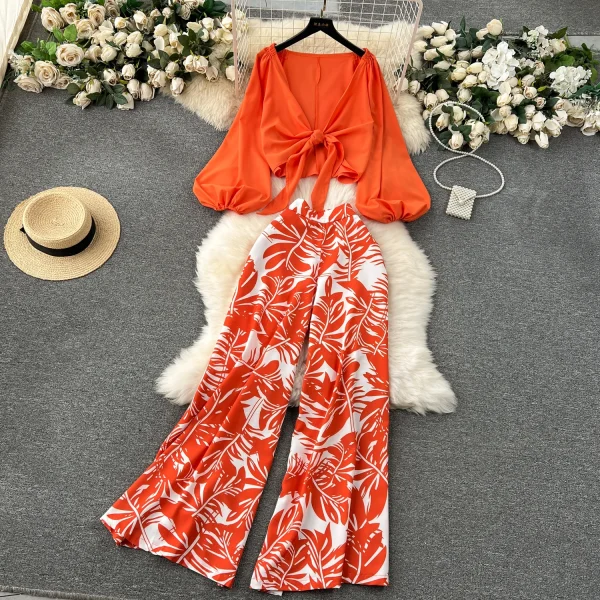 LE4241 Style Advanced Lantern Set Sleeve Cardigan Top Coat + Printed High Waist Wide Leg Slim Pants Suit - Image 2