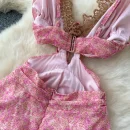 LW0677 Holiday Dress Women'S Cutout Waist, V-Neck Lace Halter Floral Chiffon Dress Dress for the Beach 2025 Spring and Summer
