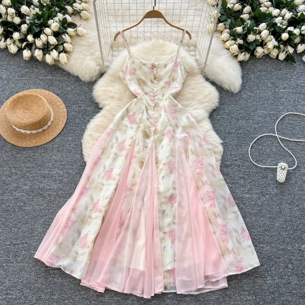 LW0609 Gentle Wind Small Butterfly Print Halter Dress Women'S Mesh Patchwork Ruffled Fairy Skirt 2025 Spring and Summer - Image 2