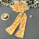 LE4200 Holiday Style Printed Short-Sleeved Polo Collar Shirt Straight Leg Loose Casual Wide-Leg Long Pants Two-Piece Suit Woman