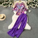 LE4207 Printed Drawstring Trumpet Sleeve Top Flanged Waist Temperament High Waist Wide Leg Pants Fashion Two-Piece Set