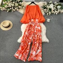 LE4241 Style Advanced Lantern Set Sleeve Cardigan Top Coat + Printed High Waist Wide Leg Slim Pants Suit