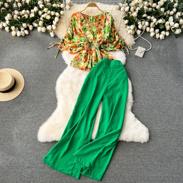 LE4207 Printed Drawstring Trumpet Sleeve Top Flanged Waist Temperament High Waist Wide Leg Pants Fashion Two-Piece Set - Image 2