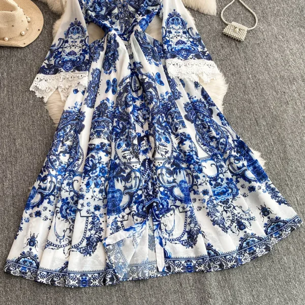 LW0628 2025 New Spring Dress Female Elegant  Long Dresses Women V-Neck Flared Sleeve High Waist Printed Dress - Image 3