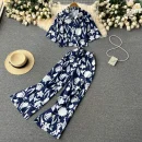 LE4200 Holiday Style Printed Short-Sleeved Polo Collar Shirt Straight Leg Loose Casual Wide-Leg Long Pants Two-Piece Suit Woman