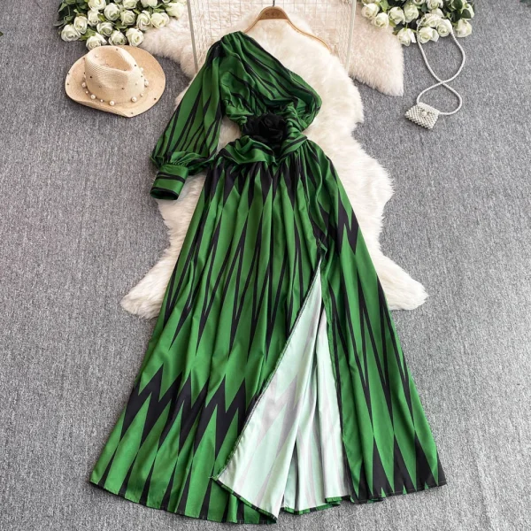 LW0647 Printed Skew Shoulder Lantern Sleeve Dress Women 2025 New Three-Dimensional Flower Fork Long Floral Dress