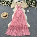 LW0677 Holiday Dress Women'S Cutout Waist, V-Neck Lace Halter Floral Chiffon Dress Dress for the Beach 2025 Spring and Summer