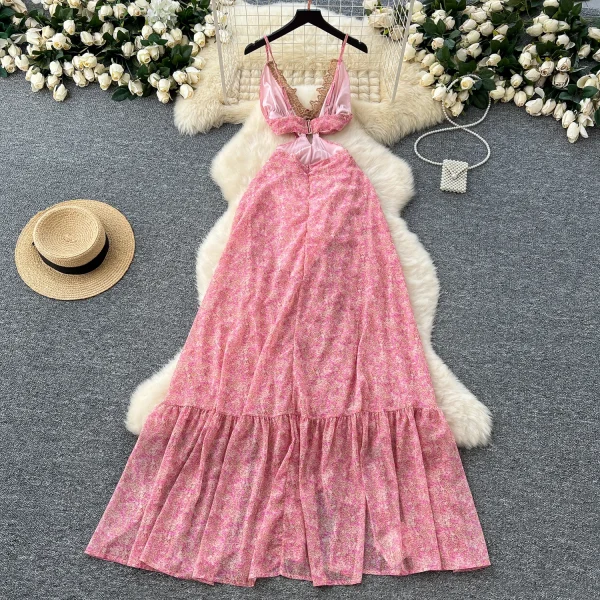 LW0677 Holiday Dress Women'S Cutout Waist, V-Neck Lace Halter Floral Chiffon Dress Dress for the Beach 2025 Spring and Summer - Image 2