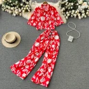 LE4200 Holiday Style Printed Short-Sleeved Polo Collar Shirt Straight Leg Loose Casual Wide-Leg Long Pants Two-Piece Suit Woman
