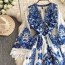 LW0628 2025 New Spring Dress Female Elegant  Long Dresses Women V-Neck Flared Sleeve High Waist Printed Dress