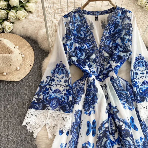 LW0628 2025 New Spring Dress Female Elegant  Long Dresses Women V-Neck Flared Sleeve High Waist Printed Dress - Image 5