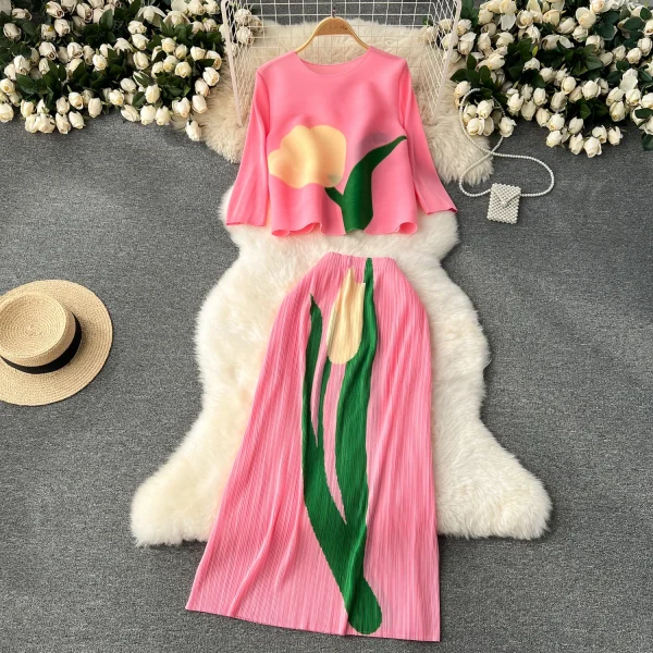 LE4227 Senior Sense Set Women'S Design Sense Tulip Print Heavy Pleated Blouse Fashion All Matching Skirt Two-Piece Set - Image 2