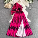 LW0647 Printed Skew Shoulder Lantern Sleeve Dress Women 2025 New Three-Dimensional Flower Fork Long Floral Dress