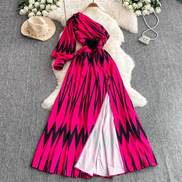 LW0647 Printed Skew Shoulder Lantern Sleeve Dress Women 2025 New Three-Dimensional Flower Fork Long Floral Dress - Image 3