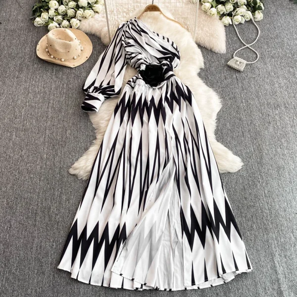 LW0647 Printed Skew Shoulder Lantern Sleeve Dress Women 2025 New Three-Dimensional Flower Fork Long Floral Dress - Image 4