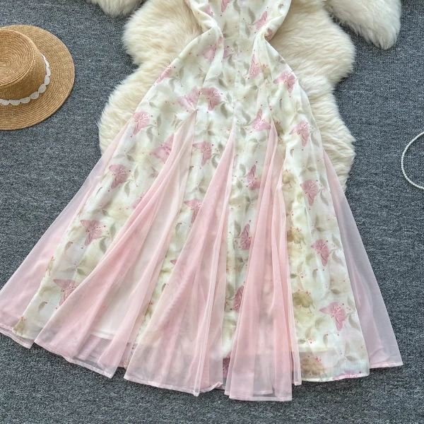 LW0609 Gentle Wind Small Butterfly Print Halter Dress Women'S Mesh Patchwork Ruffled Fairy Skirt 2025 Spring and Summer - Image 4