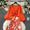 LE4241 Style Advanced Lantern Set Sleeve Cardigan Top Coat + Printed High Waist Wide Leg Slim Pants Suit
