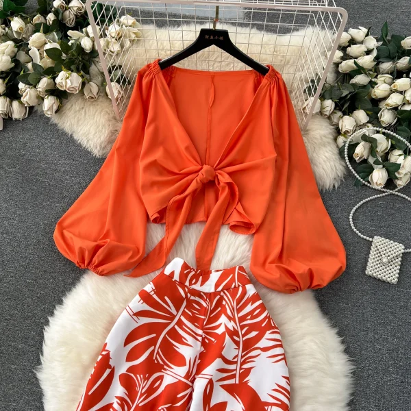 LE4241 Style Advanced Lantern Set Sleeve Cardigan Top Coat + Printed High Waist Wide Leg Slim Pants Suit - Image 4
