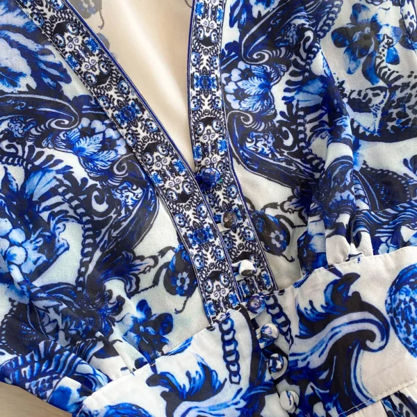 LW0628 2025 New Spring Dress Female Elegant  Long Dresses Women V-Neck Flared Sleeve High Waist Printed Dress - Image 6