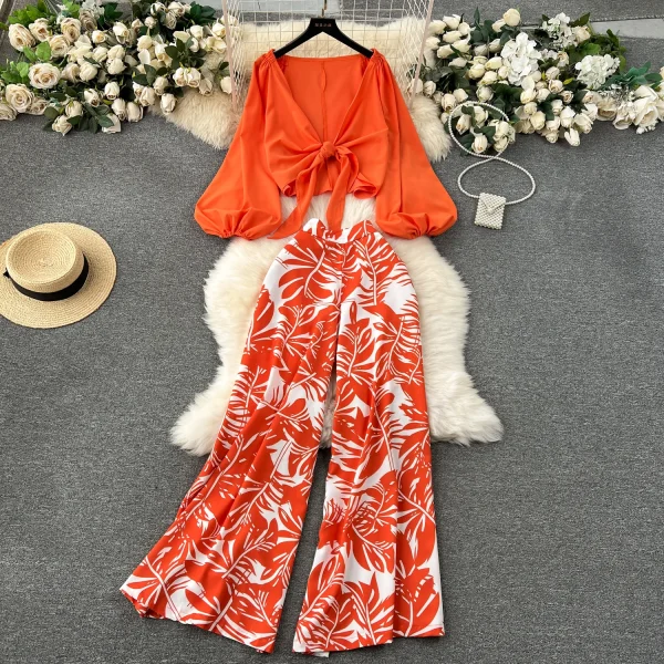 LE4241 Style Advanced Lantern Set Sleeve Cardigan Top Coat + Printed High Waist Wide Leg Slim Pants Suit
