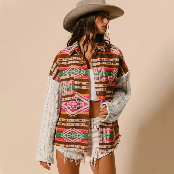 Women's New Explosive Models Knitted Sleeve Splicing Tweed Jacket AZTEC Ethnic Wind Loose Jacket - Image 5