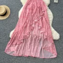 LW0677 Holiday Dress Women'S Cutout Waist, V-Neck Lace Halter Floral Chiffon Dress Dress for the Beach 2025 Spring and Summer
