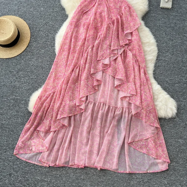 LW0677 Holiday Dress Women'S Cutout Waist, V-Neck Lace Halter Floral Chiffon Dress Dress for the Beach 2025 Spring and Summer - Image 3