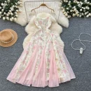 LW0609 Gentle Wind Small Butterfly Print Halter Dress Women'S Mesh Patchwork Ruffled Fairy Skirt 2025 Spring and Summer