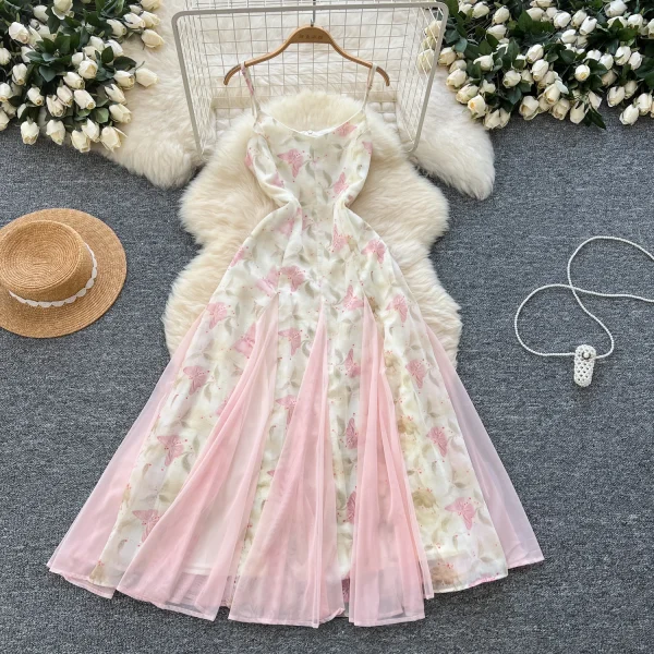 LW0609 Gentle Wind Small Butterfly Print Halter Dress Women'S Mesh Patchwork Ruffled Fairy Skirt 2025 Spring and Summer