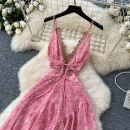 LW0677 Holiday Dress Women'S Cutout Waist, V-Neck Lace Halter Floral Chiffon Dress Dress for the Beach 2025 Spring and Summer