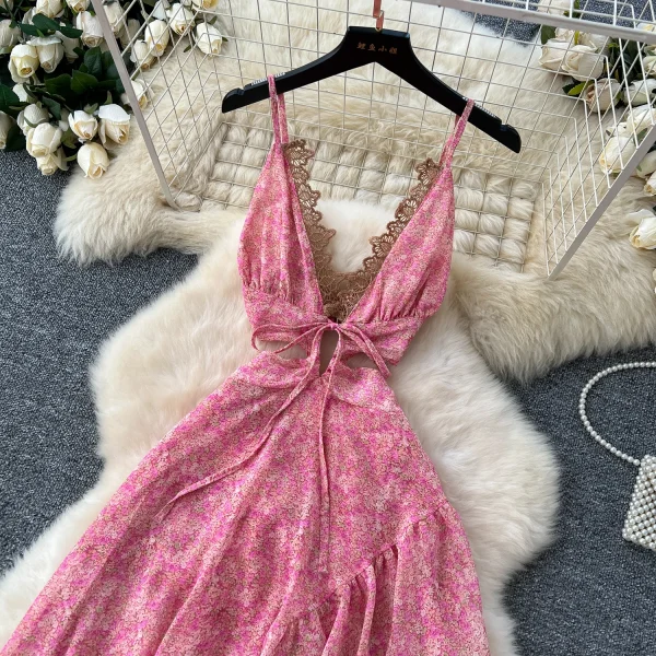 LW0677 Holiday Dress Women'S Cutout Waist, V-Neck Lace Halter Floral Chiffon Dress Dress for the Beach 2025 Spring and Summer - Image 4