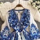 LW0628 2025 New Spring Dress Female Elegant  Long Dresses Women V-Neck Flared Sleeve High Waist Printed Dress
