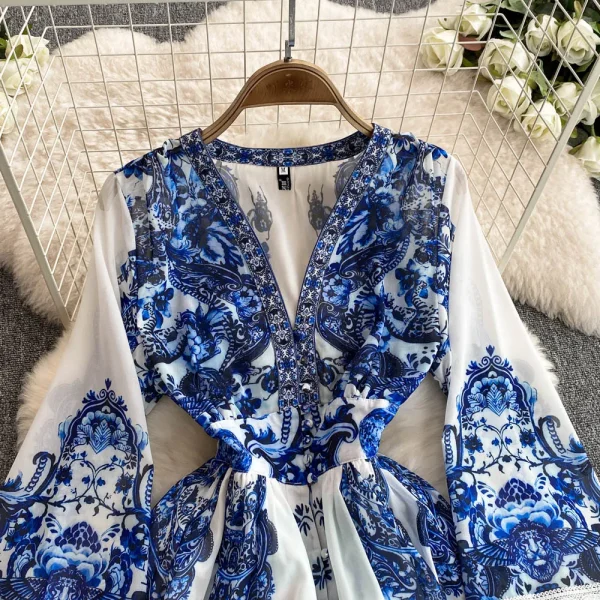 LW0628 2025 New Spring Dress Female Elegant  Long Dresses Women V-Neck Flared Sleeve High Waist Printed Dress - Image 2