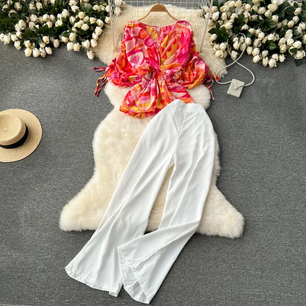 LE4207 Printed Drawstring Trumpet Sleeve Top Flanged Waist Temperament High Waist Wide Leg Pants Fashion Two-Piece Set - Image 5