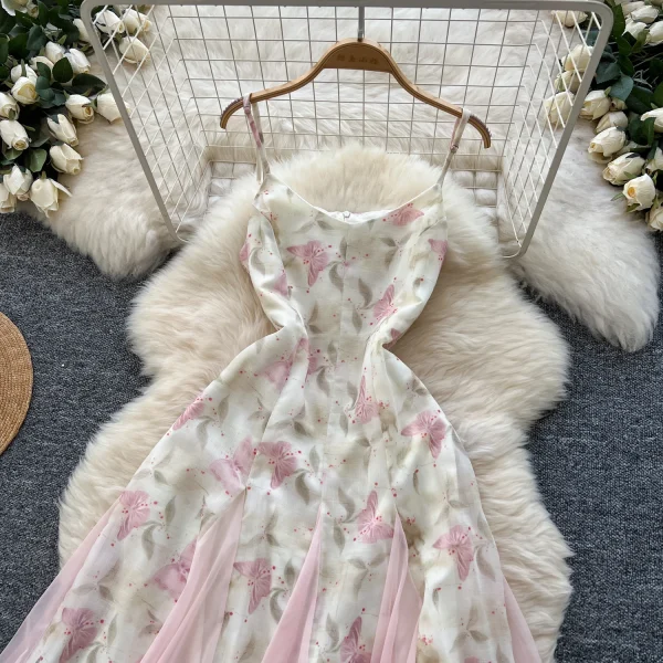 LW0609 Gentle Wind Small Butterfly Print Halter Dress Women'S Mesh Patchwork Ruffled Fairy Skirt 2025 Spring and Summer - Image 3