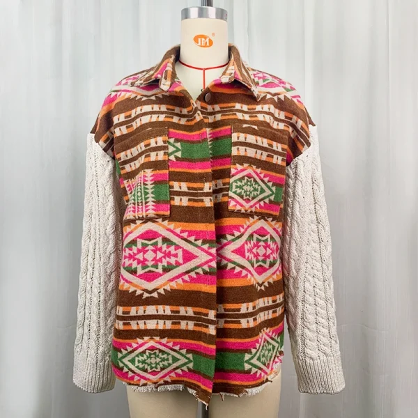 Women's New Explosive Models Knitted Sleeve Splicing Tweed Jacket AZTEC Ethnic Wind Loose Jacket - Image 2