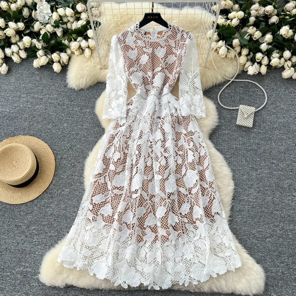 LW0537 High-End Elegant Women'S Dress 2025 New Heavy Industry Hollowed-Out Hook Lace Waist Elegant Women'S Dresses