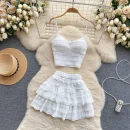 LE4188 Korean Wear a Sweet Lace Halter Tank Top Sexy Short Ruffled Skirt to Reduce Age Vacation Two-Piece Set
