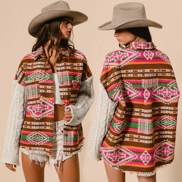 Women's New Explosive Models Knitted Sleeve Splicing Tweed Jacket AZTEC Ethnic Wind Loose Jacket
