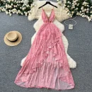 LW0677 Holiday Dress Women'S Cutout Waist, V-Neck Lace Halter Floral Chiffon Dress Dress for the Beach 2025 Spring and Summer