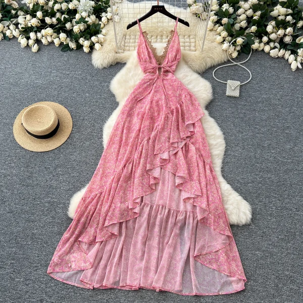 LW0677 Holiday Dress Women'S Cutout Waist, V-Neck Lace Halter Floral Chiffon Dress Dress for the Beach 2025 Spring and Summer