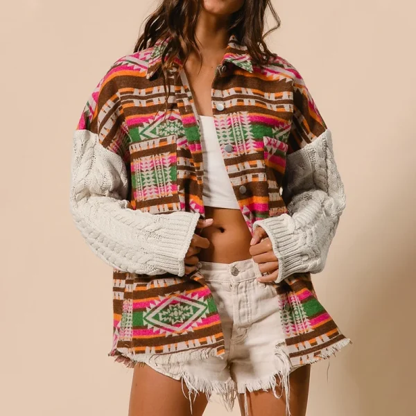 Women's New Explosive Models Knitted Sleeve Splicing Tweed Jacket AZTEC Ethnic Wind Loose Jacket - Image 3