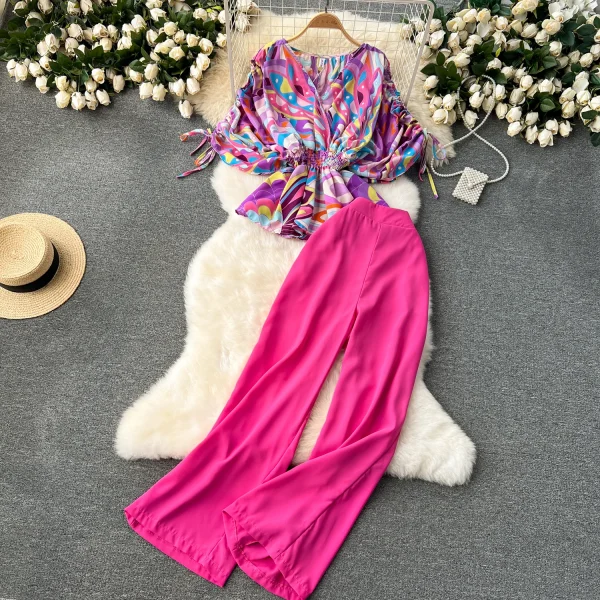 LE4207 Printed Drawstring Trumpet Sleeve Top Flanged Waist Temperament High Waist Wide Leg Pants Fashion Two-Piece Set