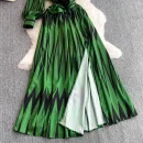LW0647 Printed Skew Shoulder Lantern Sleeve Dress Women 2025 New Three-Dimensional Flower Fork Long Floral Dress